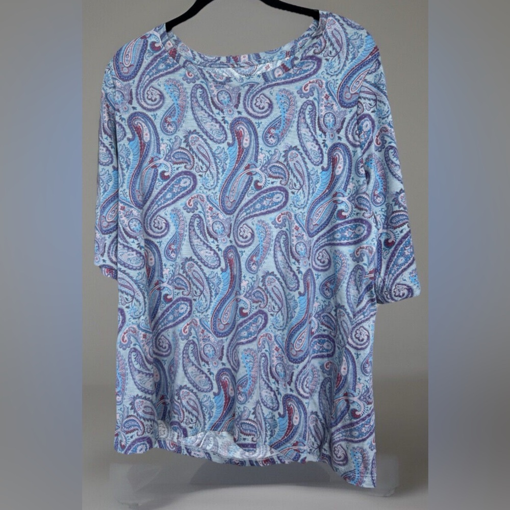WinterSilks Women Silk Blend Top 3/4 Sleeve Round Neck Purple Paisley Pattern XL